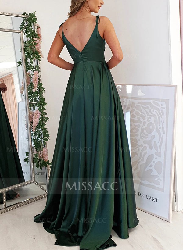 A-Line V-Neck Sleeveless Sweep Train Silk Like Satin Prom Dresses With Split Front