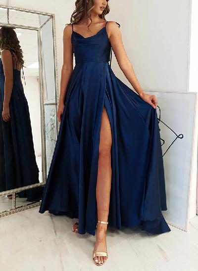 A-Line Cowl Neck Sleeveless Sweep Train Silk Like Satin Prom Dresses With Split Front