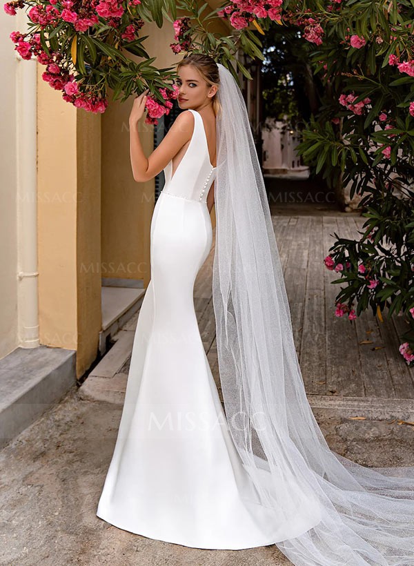 Mermaid V-neck Sleeveless Sweep Train Elastic Satin Wedding Dresses