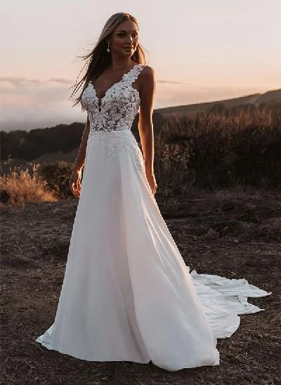 A-Line V-Neck Sleeveless Court Train Chiffon/Lace Wedding Dresses With Lace