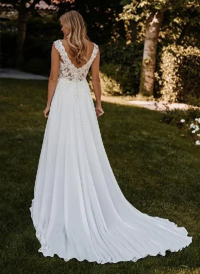 A-Line V-Neck Sleeveless Court Train Chiffon/Lace Wedding Dresses With Lace