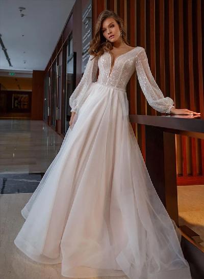 A-Line V-neck Long Sleeves Court Train Tulle/Sequined Wedding Dresses