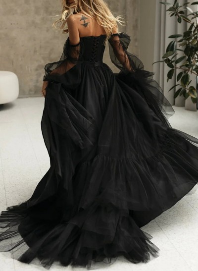 Black Corset Princess Long Sleeves Wedding Dresses With Off-The-Shoulder