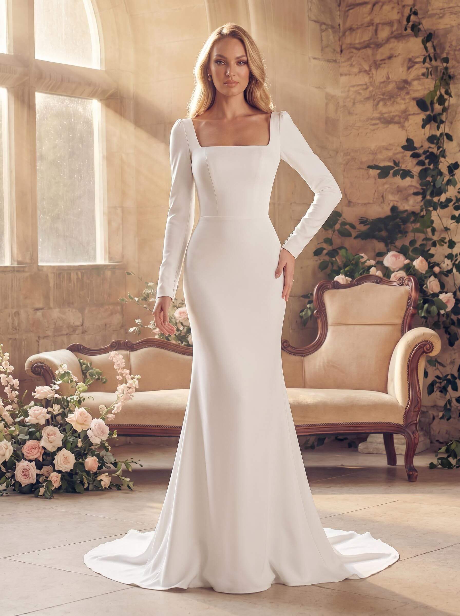 Square Neckline Long Sleeves Mermaid Simple Wedding Dresses Square Neckline Long Sleeves Mermaid Simple Wedding Dresses