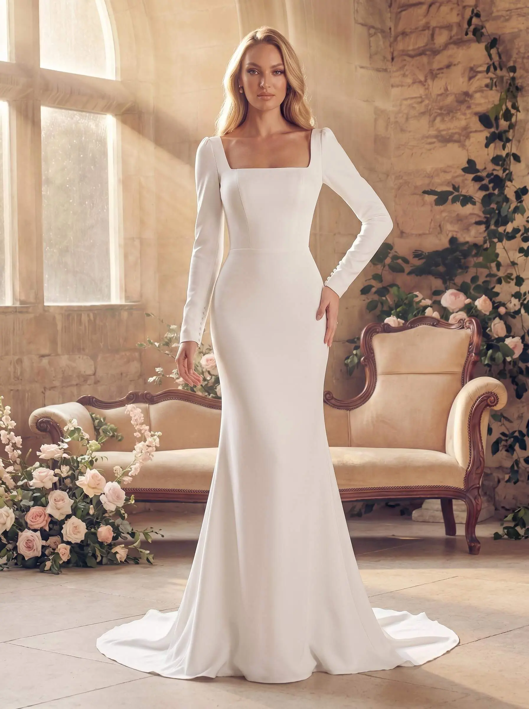 Square Neckline Long Sleeves Mermaid Simple Wedding Dresses
