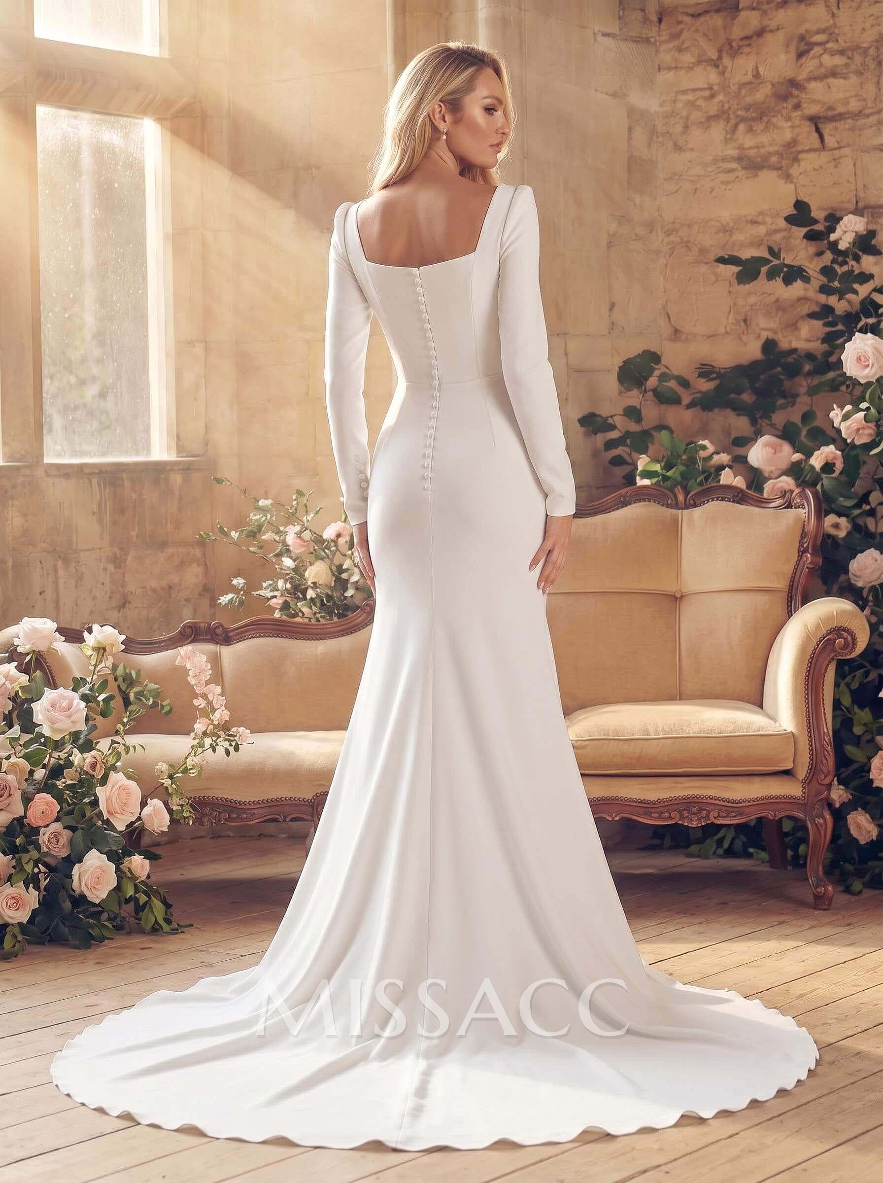 Square Neckline Long Sleeves Mermaid Simple Wedding Dresses