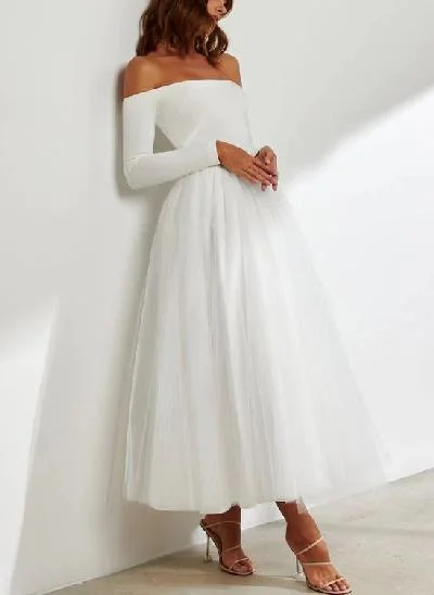 Reception Off-the-Shoulder Ball-Gown Long Sleeves Wedding Dresses