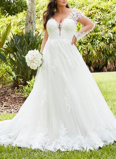 Ball-Gown V-neck Sweep Train Plus Size Wedding Dresses With Appliques Lace