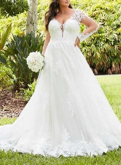fitted lace wedding dress Luxury Ruffle Ball Gown Wedding Dresses Plus Size Long Sleeve 231126 –  Viniodress main image 1