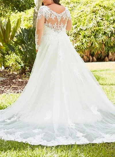 Ball-Gown V-Neck Sweep Train Plus Size Wedding Dresses With Appliques Lace