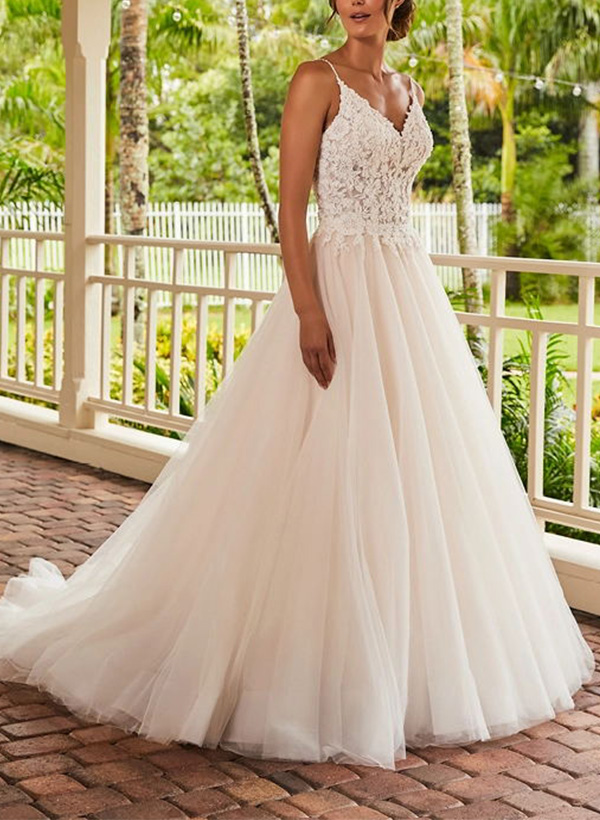 Ball-Gown V-Neck Sweep Train Lace/Tulle Wedding Dresses With Appliques Lace