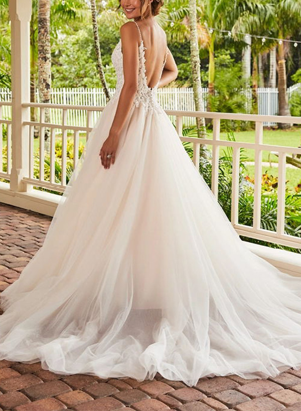 Ball-Gown V-Neck Sweep Train Lace/Tulle Wedding Dresses With Appliques Lace