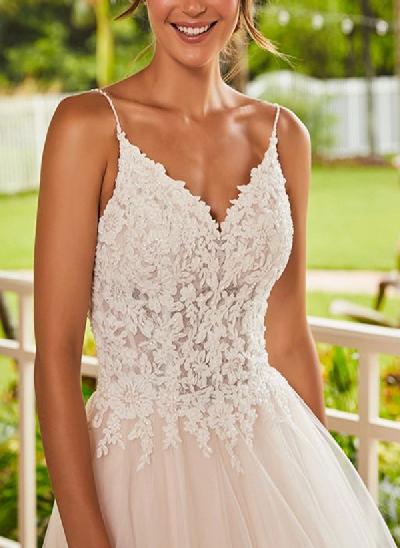 Ball-Gown V-Neck Sweep Train Lace/Tulle Wedding Dresses With Appliques Lace