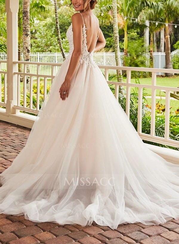 Ball-Gown V-Neck Sweep Train Lace/Tulle Wedding Dresses With Appliques Lace