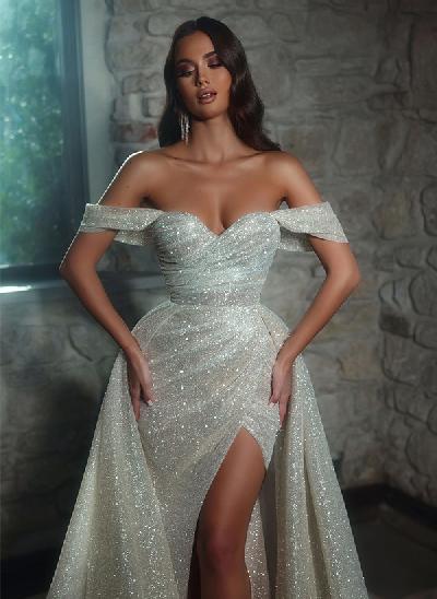 Trumpet/Mermaid Off-the-Shoulder Chapel Train Sequined Wedding Dresses With Split Front