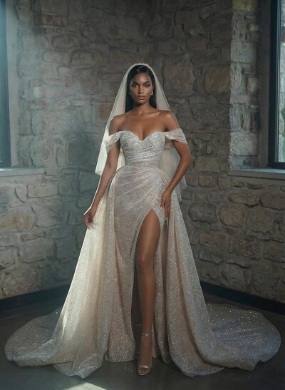 Trumpet/Mermaid Off-The-Shoulder Chapel Train Sequined Wedding Dresses With Split Front