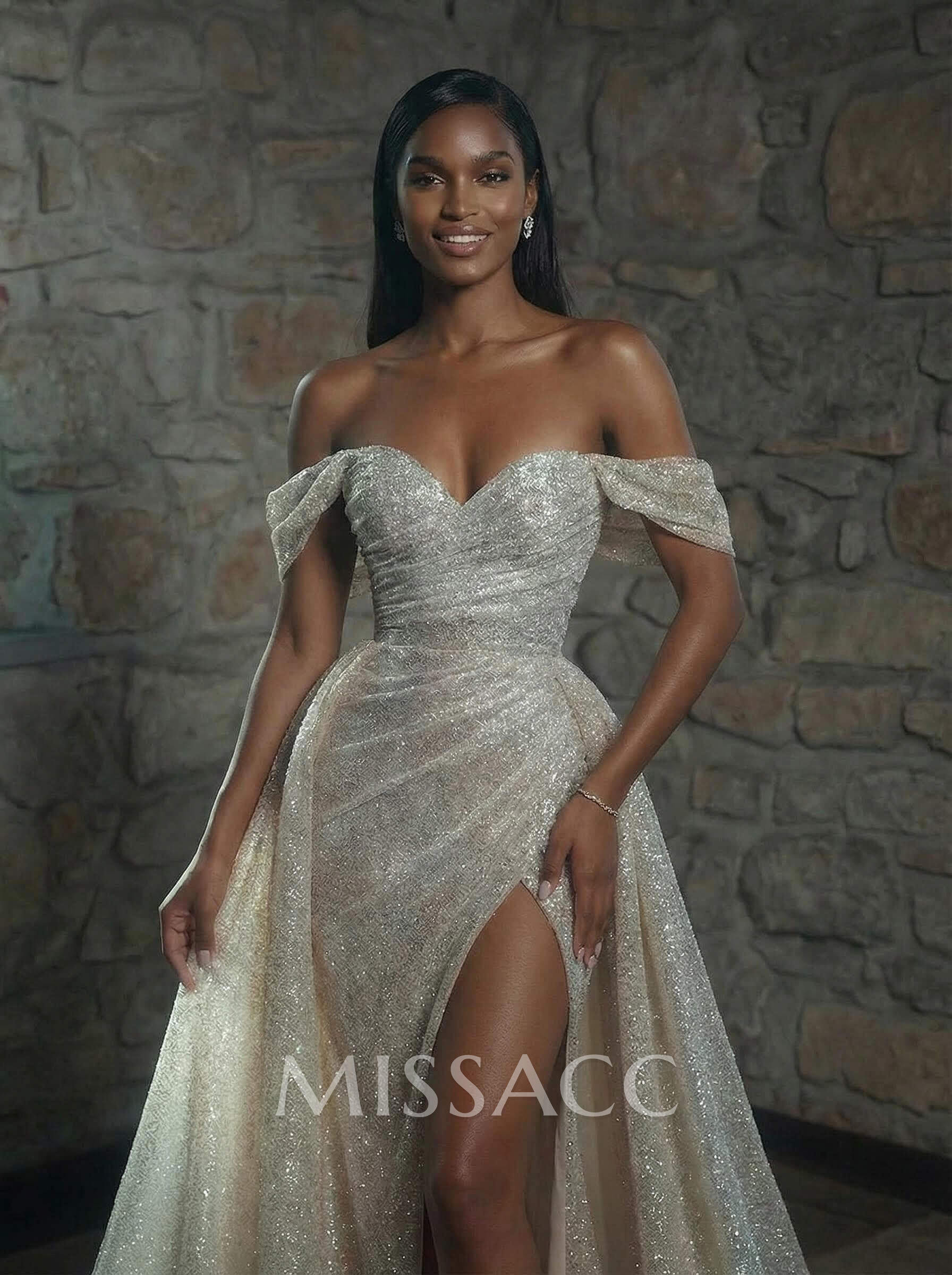 Trumpet/Mermaid Off-The-Shoulder Chapel Train Sequined Wedding Dresses With Split Front Trumpet/Mermaid Off-The-Shoulder Chapel Train Sequined Wedding Dresses With Split Front