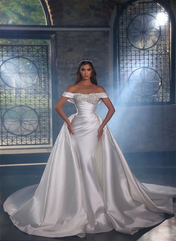 Ball-Gown Off-the-Shoulder Chapel Train Satin Wedding Dresses With ...