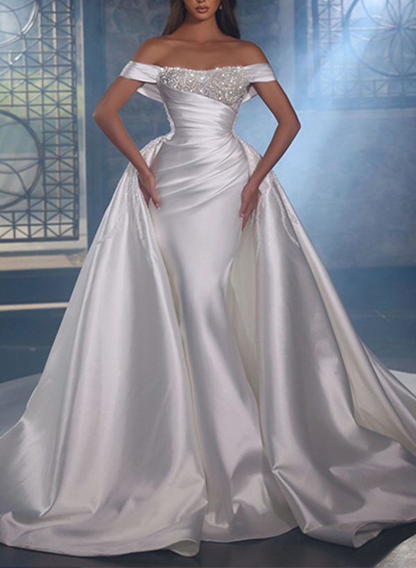 Trumpet/Mermaid Off-The-Shoulder Chapel Train Satin Wedding Dresses With Rhinestone