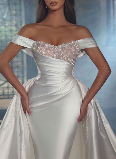 Trumpet/Mermaid Off-The-Shoulder Chapel Train Satin Wedding Dresses With Rhinestone