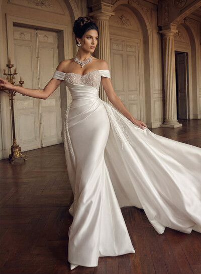 Trumpet/Mermaid Off-The-Shoulder Cathedral Train Satin Wedding Dresses With Rhinestone