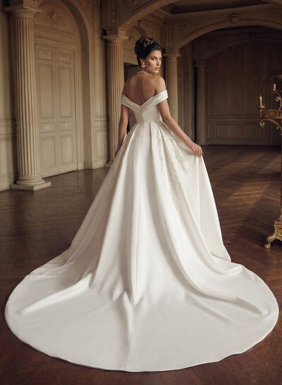 Trumpet/Mermaid Off-The-Shoulder Cathedral Train Satin Wedding Dresses With Rhinestone