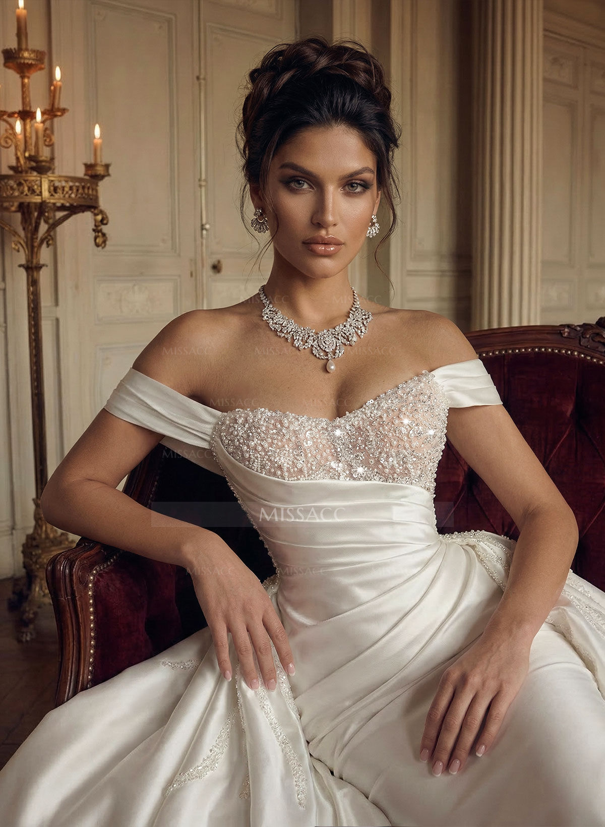 Trumpet/Mermaid Off-The-Shoulder Cathedral Train Satin Wedding Dresses With Rhinestone