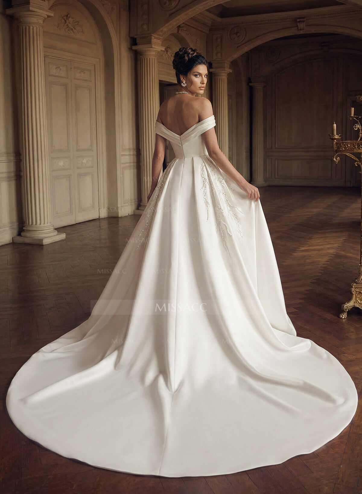 Trumpet/Mermaid Off-The-Shoulder Cathedral Train Satin Wedding Dresses With Rhinestone