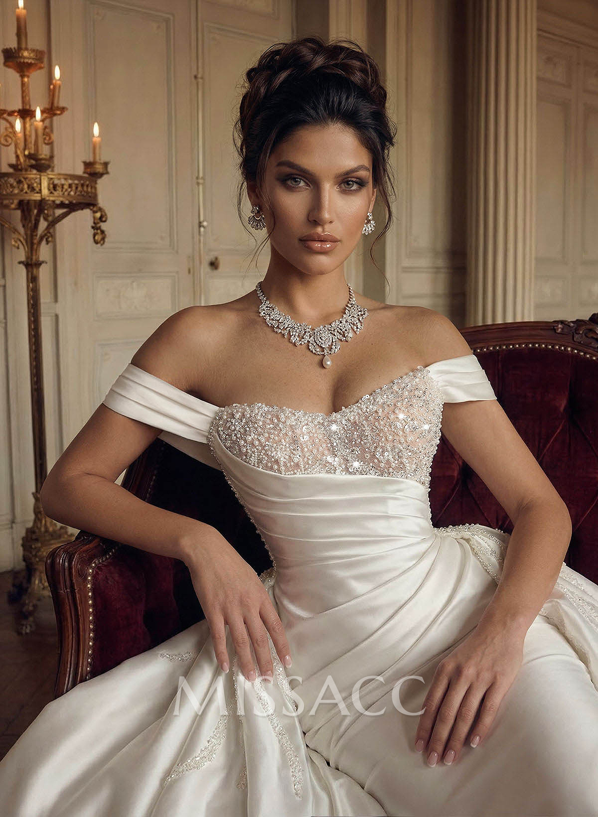 Trumpet/Mermaid Off-The-Shoulder Cathedral Train Satin Wedding Dresses With Rhinestone Trumpet/Mermaid Off-The-Shoulder Cathedral Train Satin Wedding Dresses With Rhinestone
