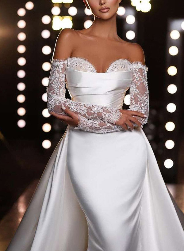 Trumpet/Mermaid Off-The-Shoulder Long Sleeves Satin Wedding Dresses With Appliques Lace