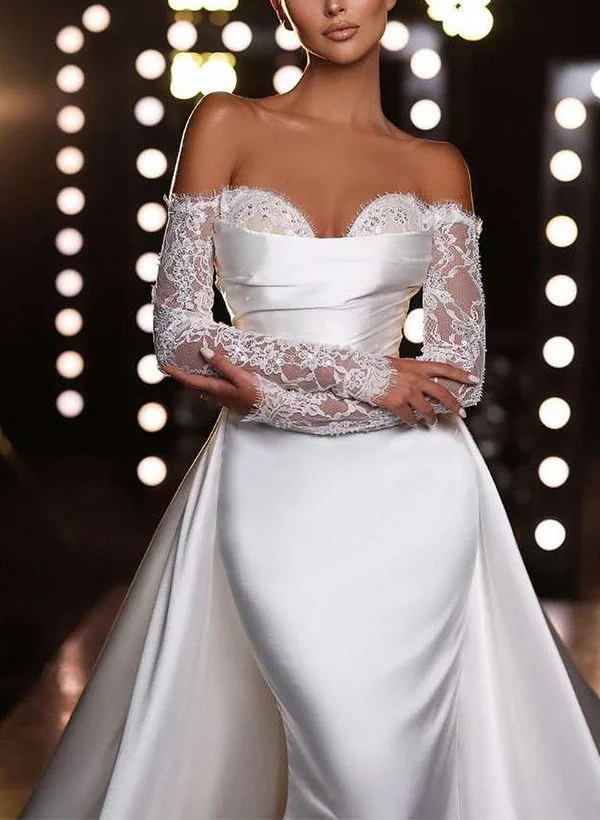 knee length dresses for ladies Ivory Satin A-line 3/4 Sleeves Off Shoulder Wedding Dresses with Pockets,  MW663
