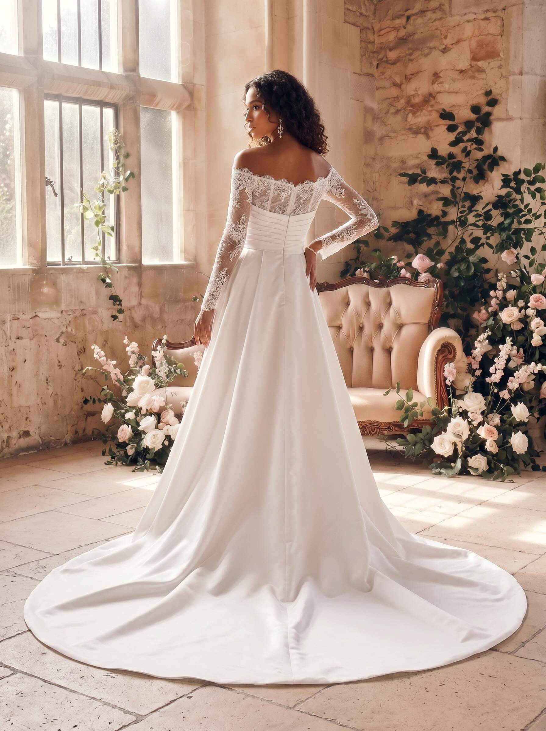 Trumpet/Mermaid Off-The-Shoulder Long Sleeves Satin Wedding Dresses With Appliques Lace