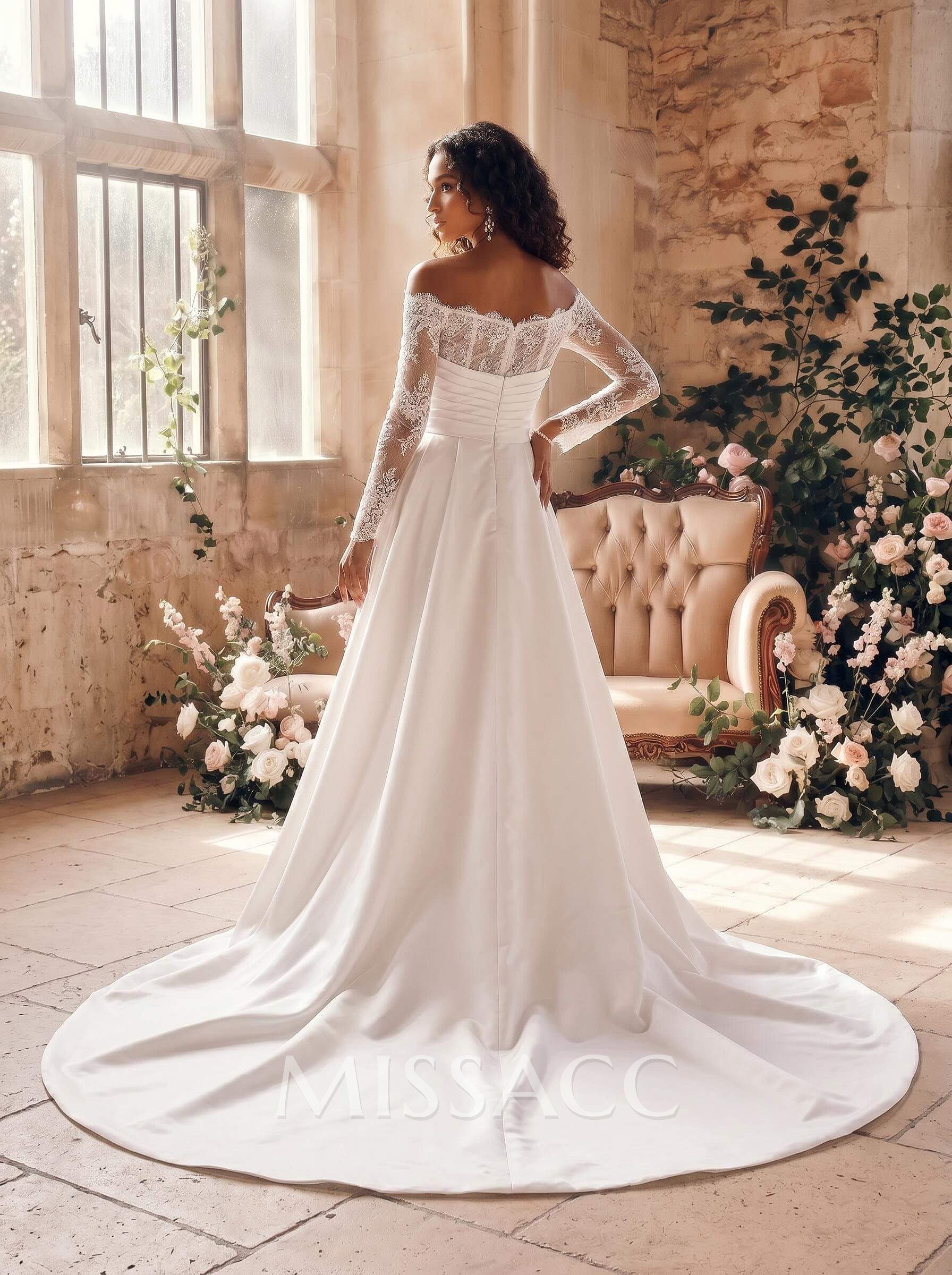 Trumpet/Mermaid Off-The-Shoulder Long Sleeves Satin Wedding Dresses With Appliques Lace