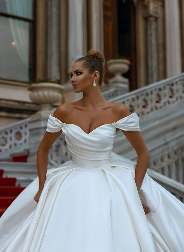 Ball-Gown Off-The-Shoulder Luxury Satin Wedding Dresses With Ruffle