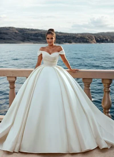 Ball-Gown Off-The-Shoulder Luxury Satin Wedding Dresses With Ruffle