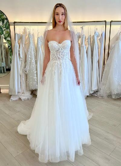 A-Line Sweetheart Sleeveless Lace/Tulle Wedding Dresses With Appliques Lace