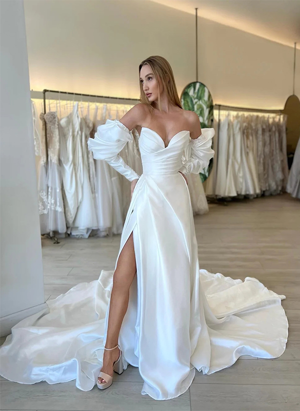 A-Line Sweetheart Long Sleeves Wedding Dresses With Split Front