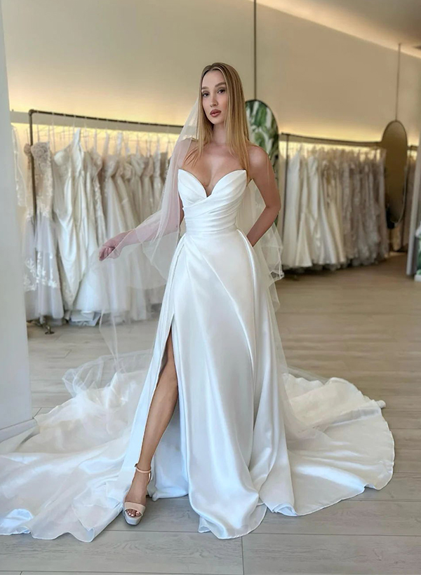 A-Line Sweetheart Long Sleeves Wedding Dresses With Split Front