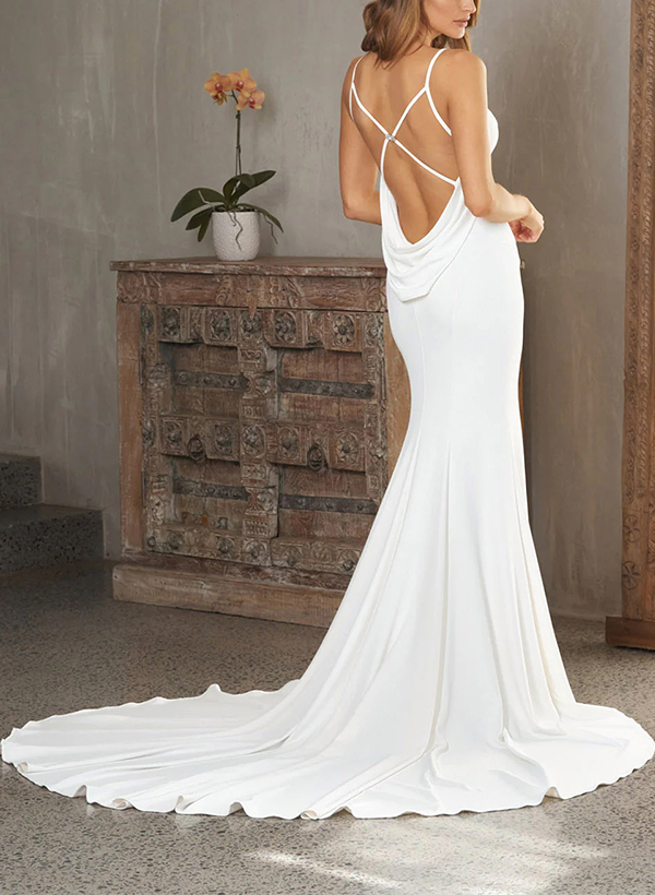 Trumpet/Mermaid V-neck Sleeveless Elastic Satin Wedding Dresses With Ruffle