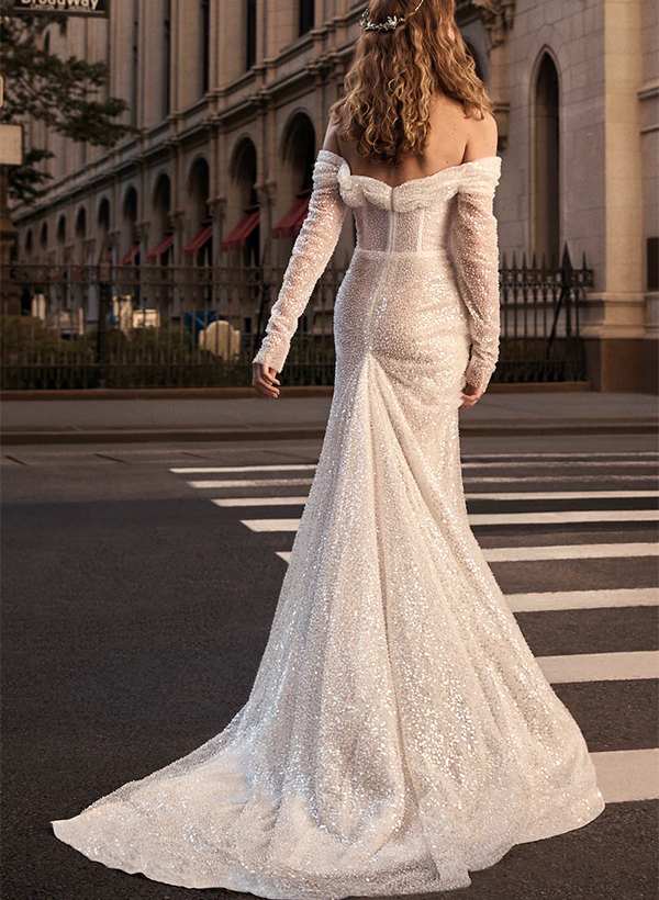 Off-the-Shoulder Long Sleeves Sequined Wedding Dresses With Split Front