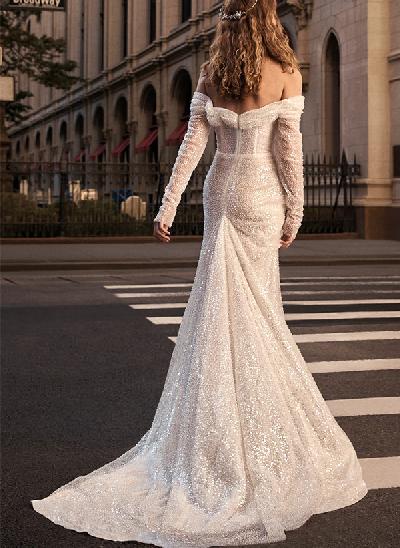 Off-the-Shoulder Long Sleeves Sequined Wedding Dresses With Split Front