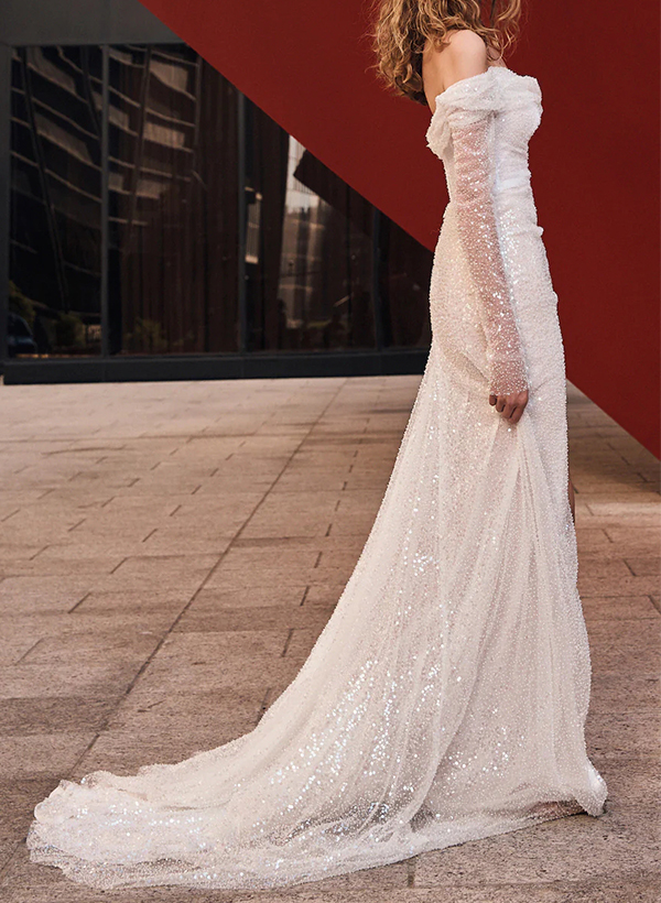 Off-the-Shoulder Long Sleeves Sequined Wedding Dresses With Split Front