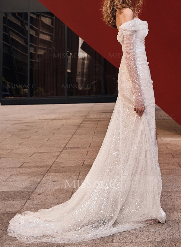 Off-the-Shoulder Long Sleeves Sequined Wedding Dresses With Split Front