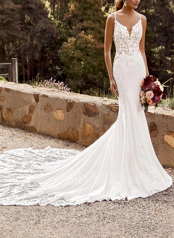 Trumpet/Mermaid Luxury V-neck Sleeveless Wedding Dresses With Appliques Lace