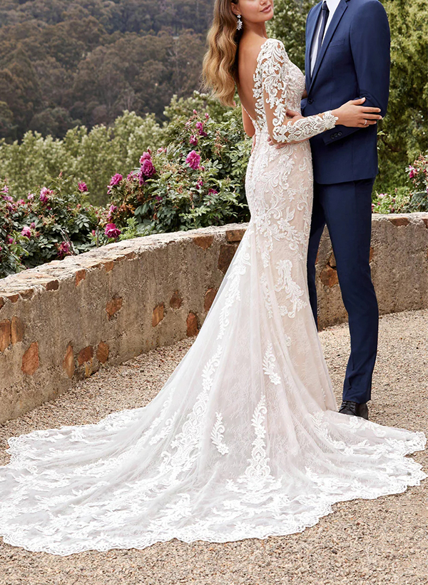 Trumpet/Mermaid Luxury V-Neck Long Sleeve Wedding Dresses With Appliques Lace