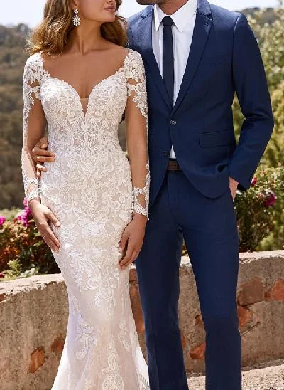 Trumpet/Mermaid Luxury V-Neck Long Sleeve Wedding Dresses With Appliques Lace