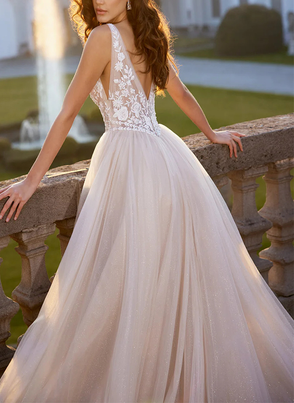Ball-Gown V-neck Sleeveless Lace/Tulle Wedding Dresses With Appliques Lace