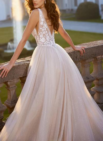 Ball-Gown V-neck Sleeveless Lace/Tulle Wedding Dresses With Appliques Lace