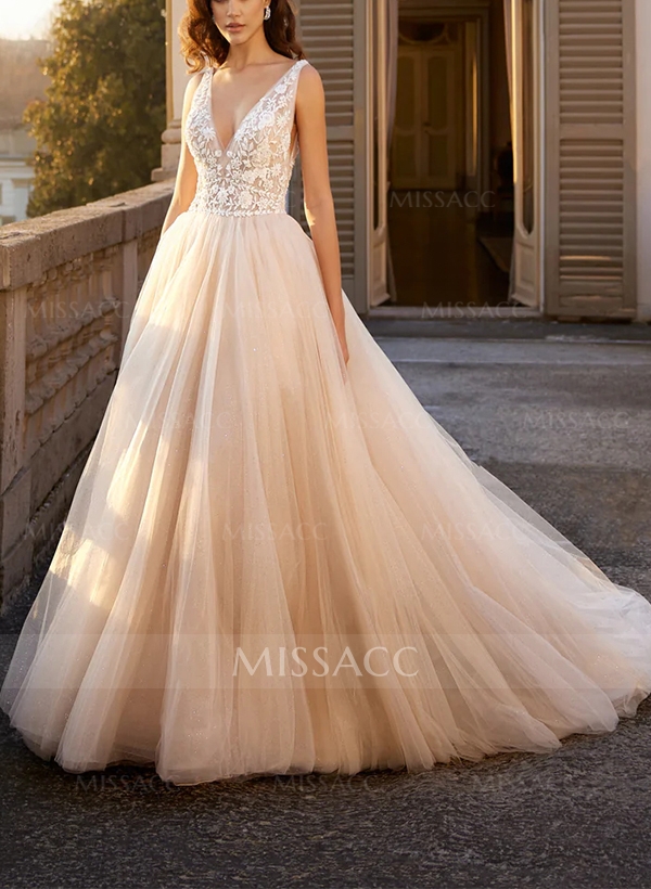 Ball-Gown V-neck Sleeveless Lace/Tulle Wedding Dresses With Appliques Lace