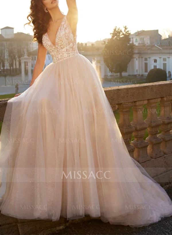 Ball-Gown V-neck Sleeveless Lace/Tulle Wedding Dresses With Appliques Lace